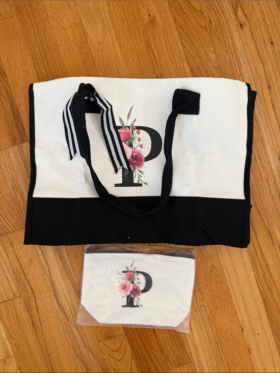 Handbags - NWT - Canvas Floral Initial Tote Bag - Black & White